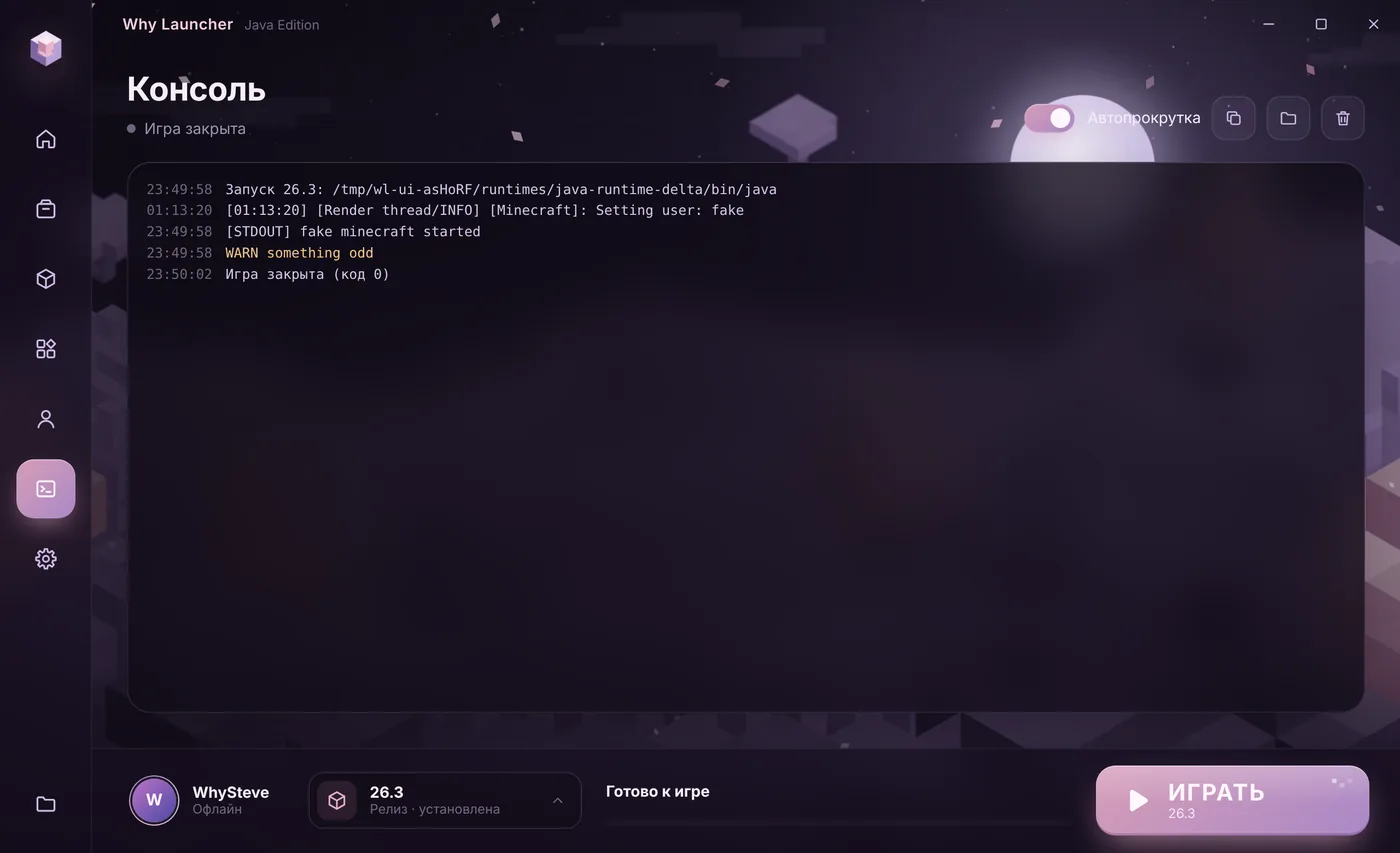 Раздел «Консоль» в Why Launcher: лог запуска игры